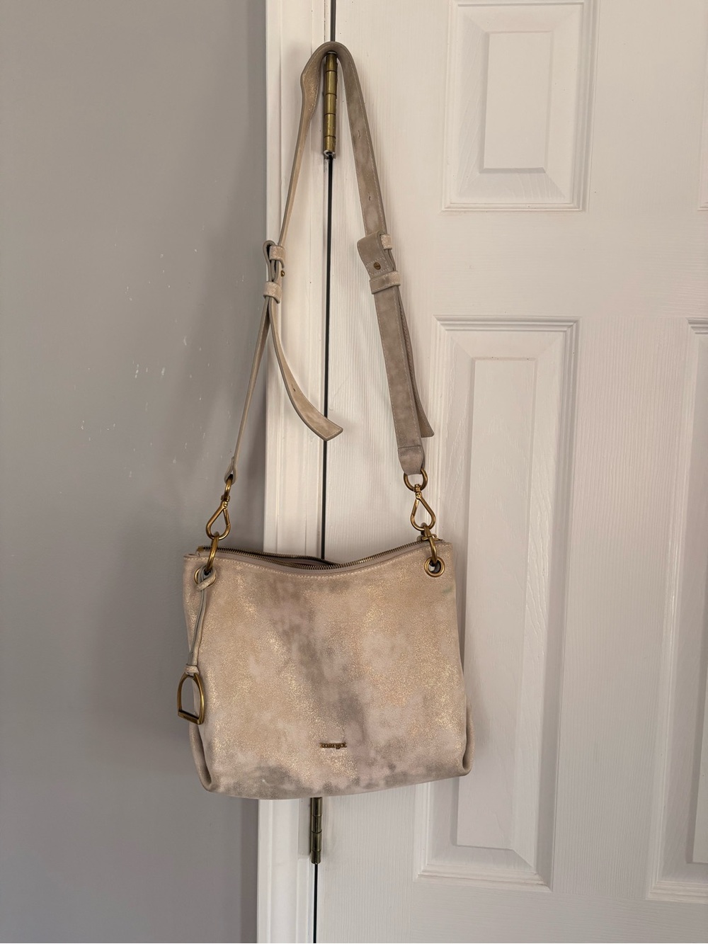 margot Neutral Taupe Suede Crossbody Bag with Gold Hardware